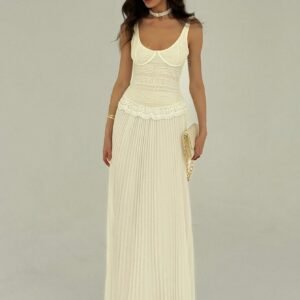 Aloruh New Fitted Stretch Herringbone Sexy Low-Cut Pleated Lace Trim Solid Color White Dress