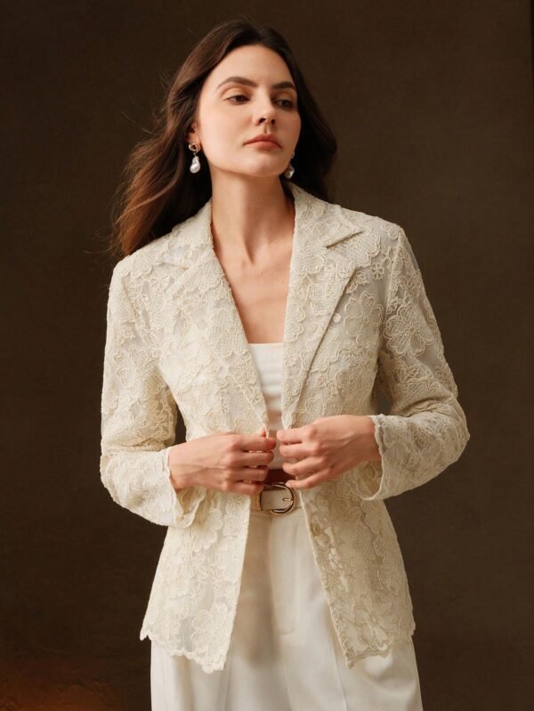 Anewsta Floral Lace Resin Buttons Turn-Down Collar Long Sleeve Padded Shoulder Fitted Blazer Jacket, For New Year, Spring/Summer, Festival, Graduation - Şəkil 16