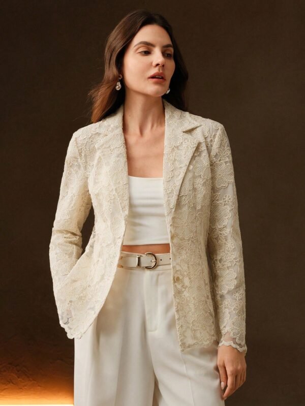 Anewsta Floral Lace Resin Buttons Turn-Down Collar Long Sleeve Padded Shoulder Fitted Blazer Jacket, For New Year, Spring/Summer, Festival, Graduation - Şəkil 10