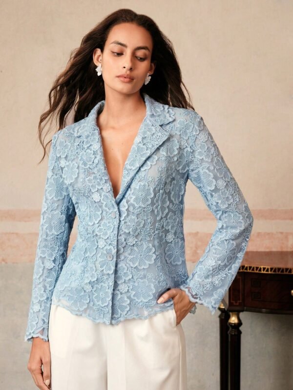 Anewsta Floral Lace Resin Buttons Turn-Down Collar Long Sleeve Padded Shoulder Fitted Blazer Jacket, For New Year, Spring/Summer, Festival, Graduation - Şəkil 5
