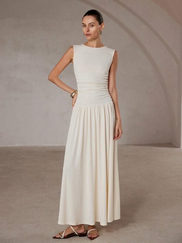 Aveloria Modichic White Minimalist Design Elegant Ruched Sleeveless Dress