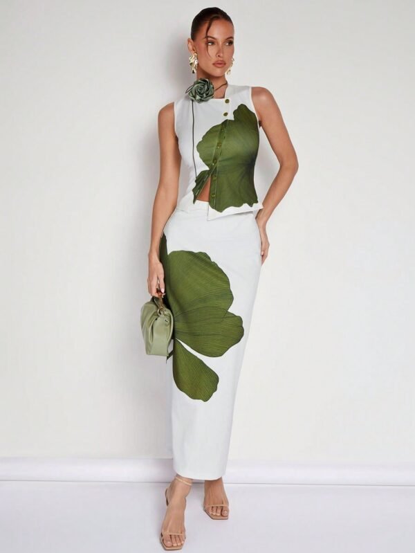 COSMINA 2pcs Women Sleeveless Floral Print Front Button Blouse And Skirt Set, Minimalist Style,Summer Sets - Şəkil 7
