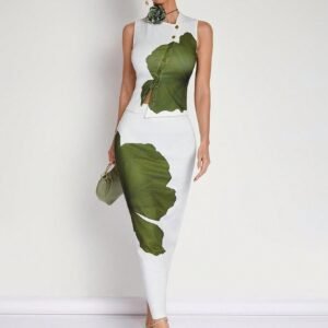 COSMINA 2pcs Women Sleeveless Floral Print Front Button Blouse And Skirt Set, Minimalist Style,Summer Sets