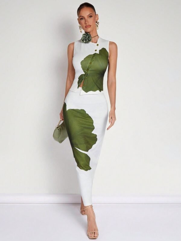 COSMINA 2pcs Women Sleeveless Floral Print Front Button Blouse And Skirt Set, Minimalist Style,Summer Sets