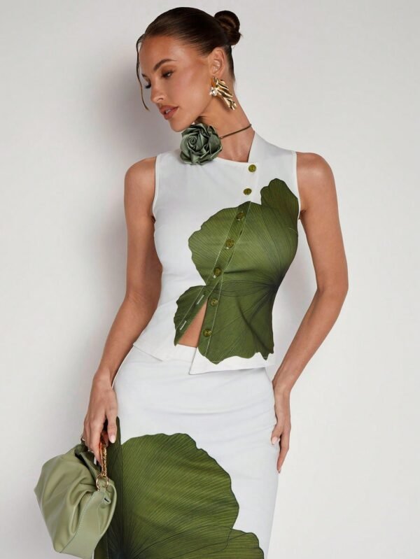 COSMINA 2pcs Women Sleeveless Floral Print Front Button Blouse And Skirt Set, Minimalist Style,Summer Sets - Şəkil 5