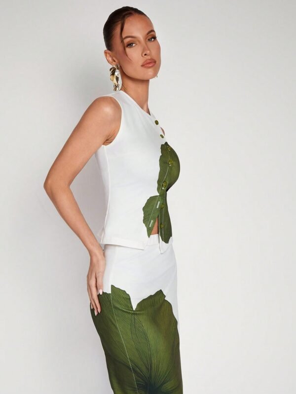 COSMINA 2pcs Women Sleeveless Floral Print Front Button Blouse And Skirt Set, Minimalist Style,Summer Sets - Şəkil 4