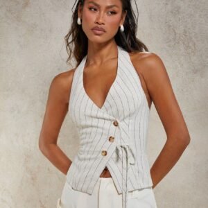 COSMINA Women's Striped Button Decor Halter Tank Top, Suitable For Everyday Wear