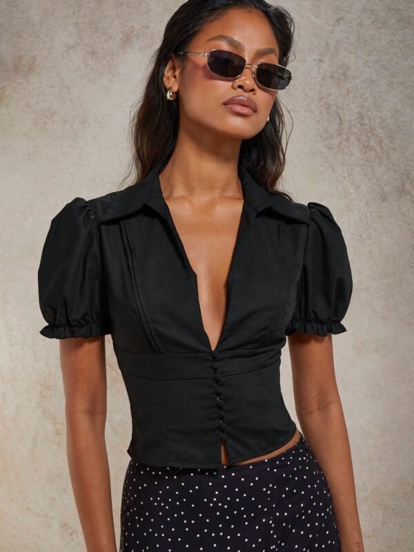 COSMINA Women's Summer Fashion Solid Color Puff Sleeve Shirt