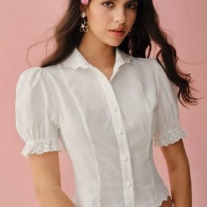 Enchnt Spring /Summer Romantic Women Plain Color Front Button Short Sleeve Embroidery Wave Hem Casual Linen Shirt, Everyday Wear,Sweet&Elegant Outfit For Holiday&SweetDate&Daily&Vacation