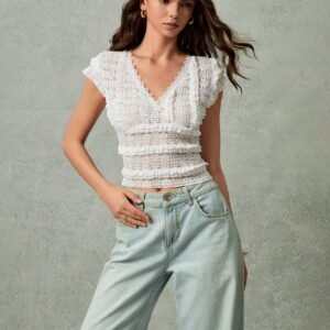 Poéselle Women's Casual Vacation Solid Color Lace Blouse,Cute Summer Tops,Going Out Tops Women,Y2k Tops,Casual Woman,Summer Outfits For Women