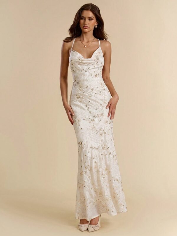 SHEIN BAE Solid Color Sexy Elegant Backless Plunging Neck Rhinestone Floral Maxi Slip Dress For Women, Vacation Dress, Valentine's Day Date Dress, Bridesmaid Mini Dress, Apricot Dress - Şəkil 3