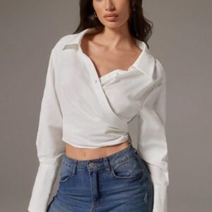 SURIMA 1pc Women Solid Color Cross Wrap Ruched Elegant Office Long Sleeve Blouse