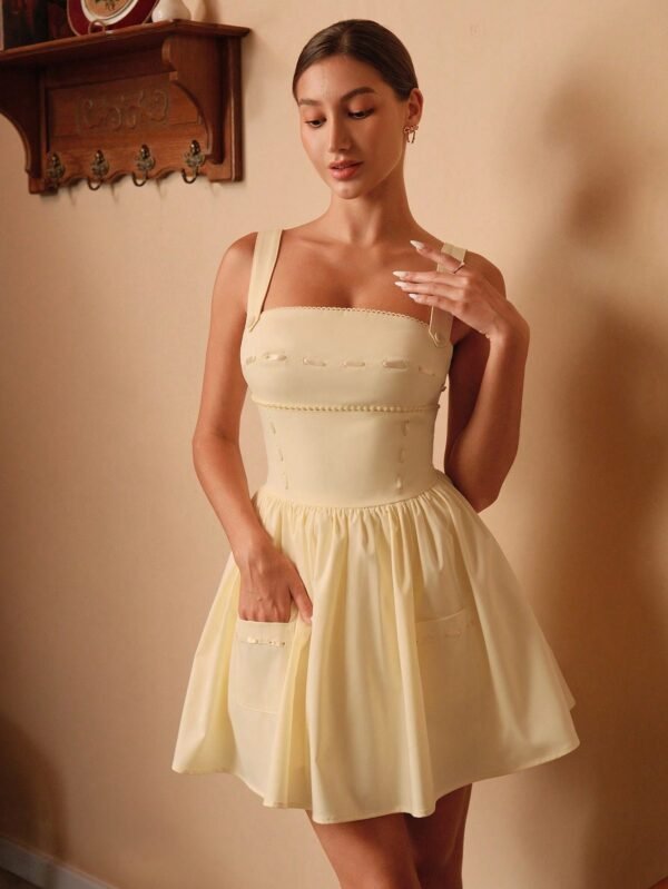 Savoree Women's Solid Color Ruched Button Design Elegant Camisole Mini Dress - Şəkil 3