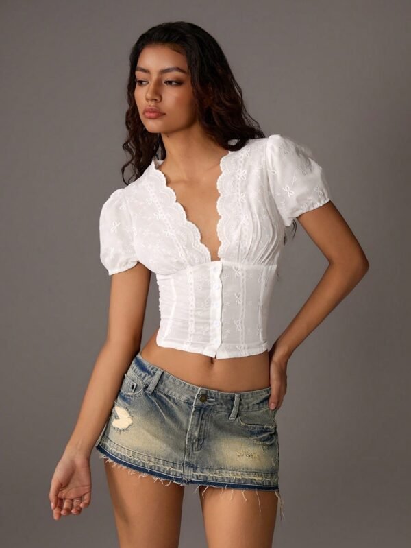 TRNVIE Embroidery Cotton Casual Elegant V-Neck Crop Blouse For Young Women